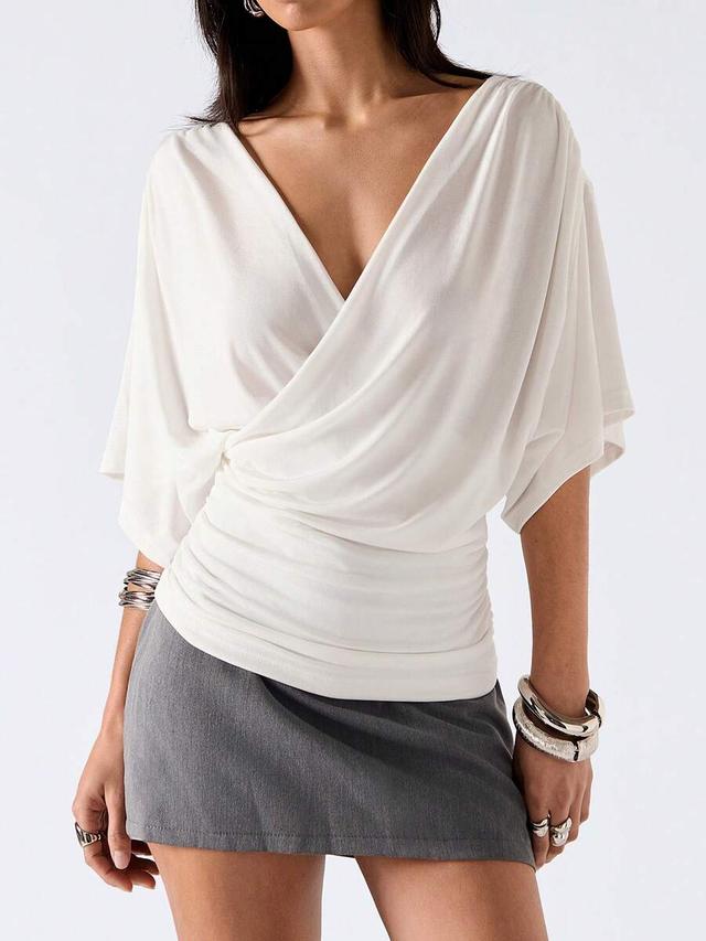 white elegant draped v-neck batwing casual top