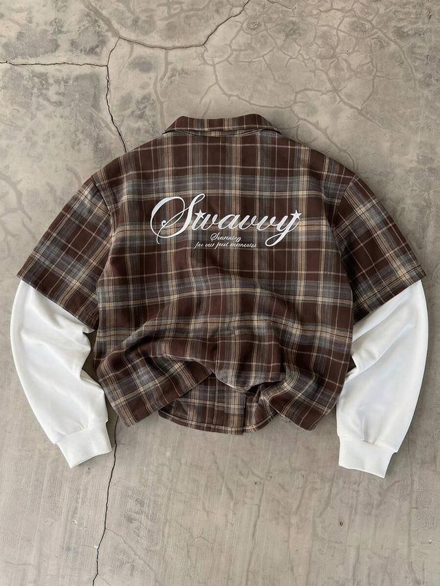 brown plaid patchwork layered casual shirt