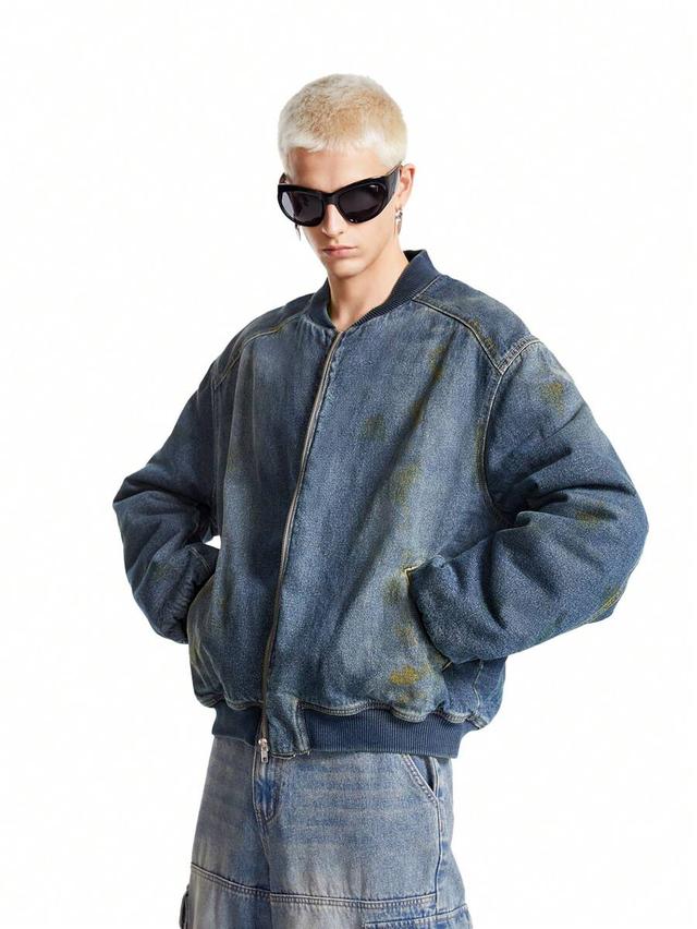 washed loose cotton denim bomber jacket