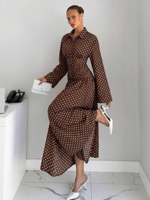brown and white polka dot long shirt dress