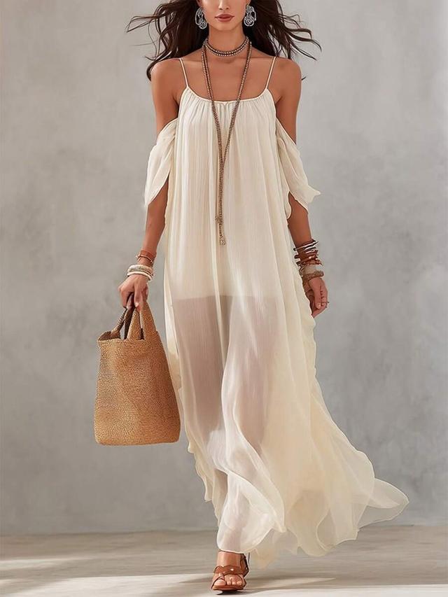 off-shoulder cream pleated chiffon maxi dress