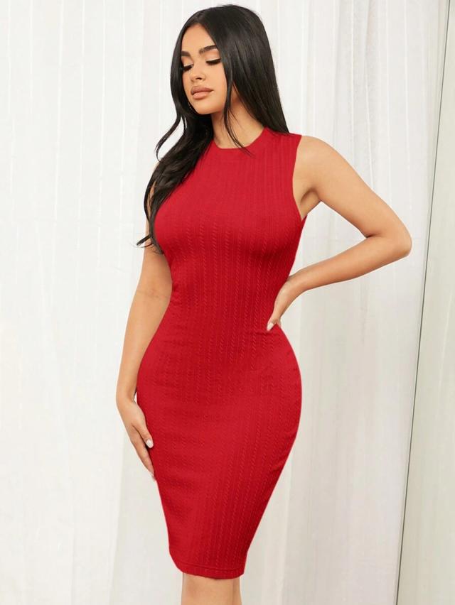 solid red ribbed round neck tank dress