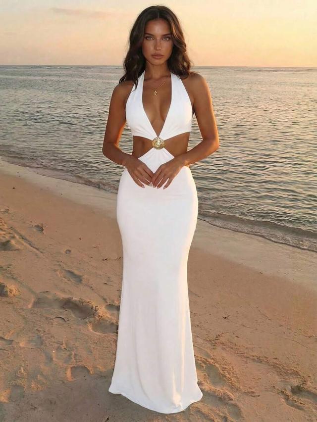 white halter neck cut-out maxi dress
