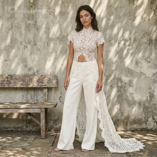 white floral lace high neck jumpsuit with train