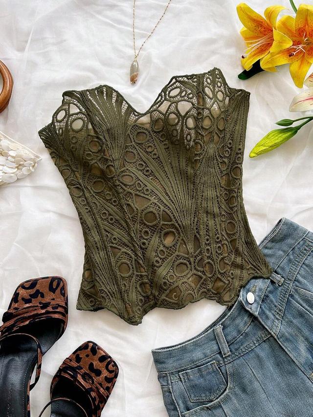 olive green lace double-layer corset bustier top