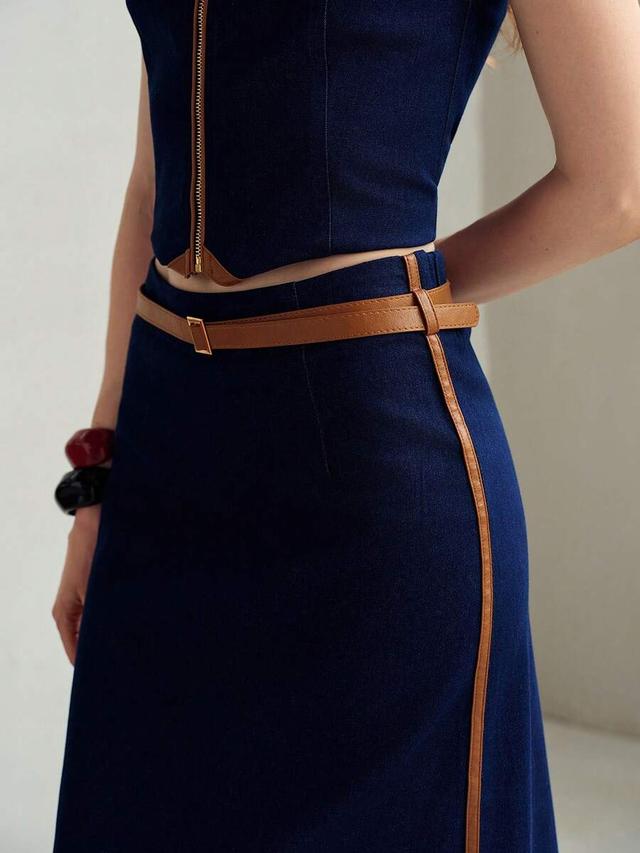 dark blue denim midi skirt with contrast piping