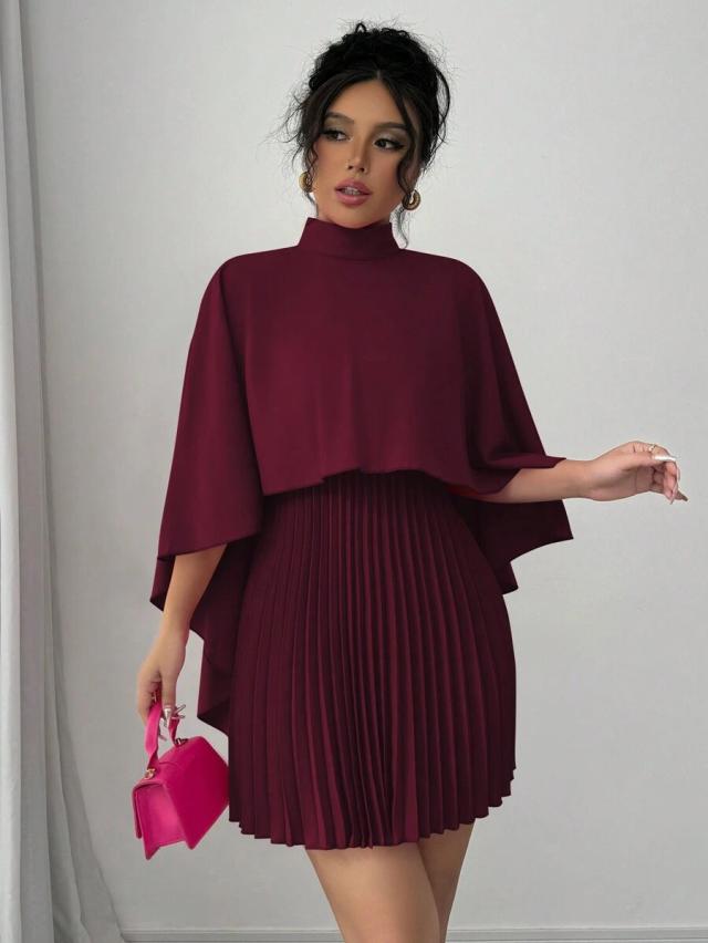 burgundy high collar pleated cape overlay dress