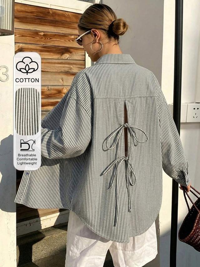 striped cotton button-up shirt with back bowknot detail