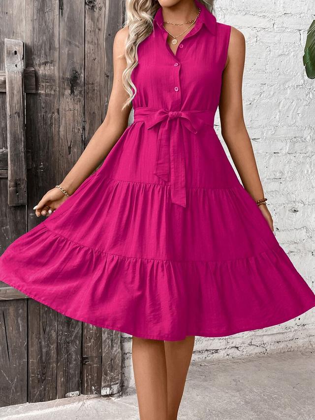 fuchsia sleeveless tiered belted shirt dress