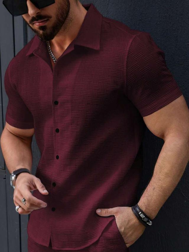 burgundy textured short sleeve button-up office shirt