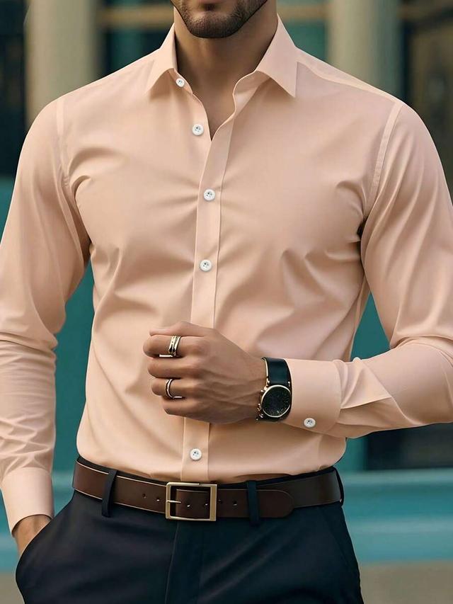 peach men's solid peach formal button-down long sleeve shirt
