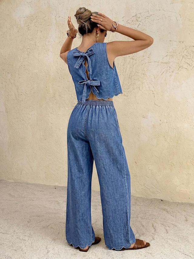 denim scalloped bow-back top and matching wide-leg trousers