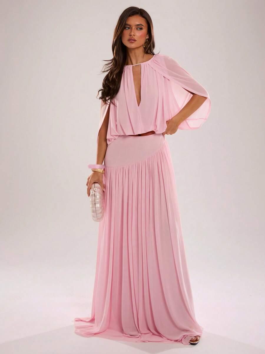 solid pink woven a-line gathered long skirt