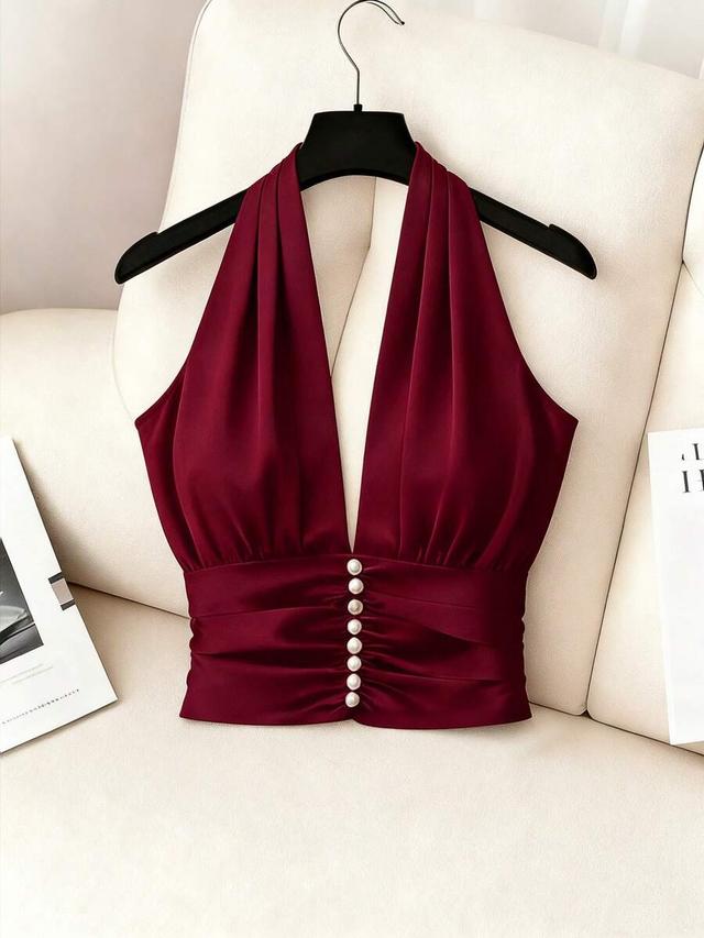 burgundy satin v-neck halter top with pearl buttons