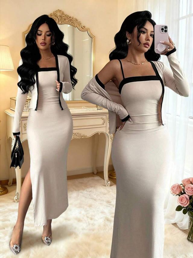 color block long sleeve cardigan and slip dress set