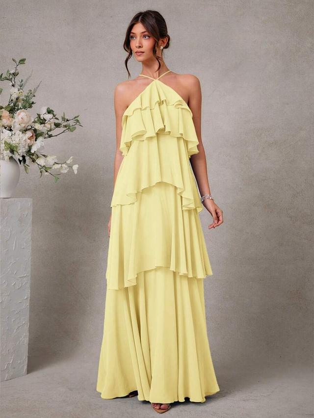 elegant romantic yellow tiered chiffon halter maxi dress