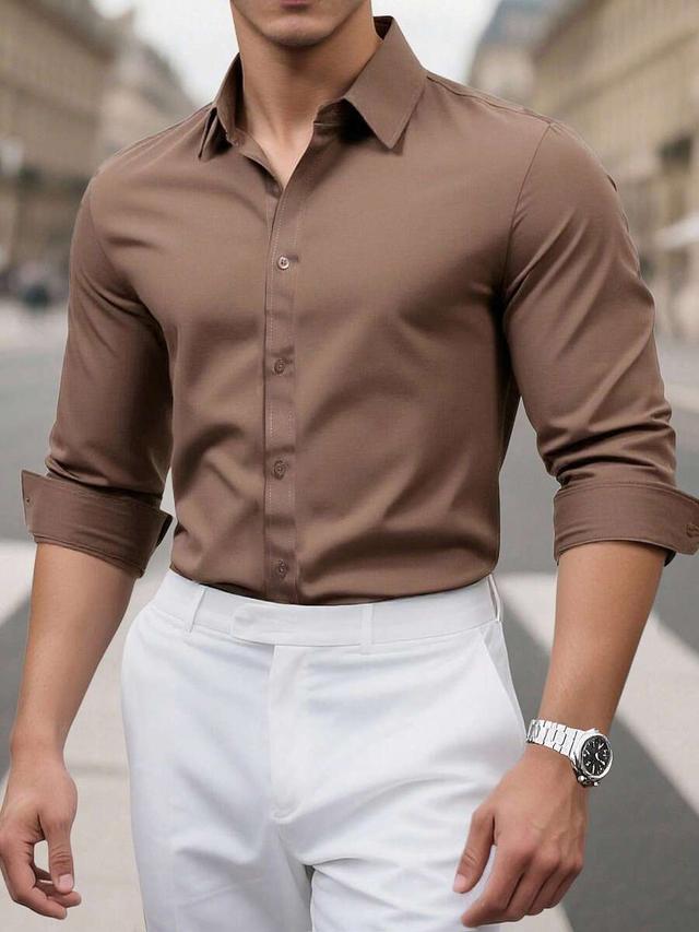 calvornis coffee brown solid single-breasted long sleeve shirt