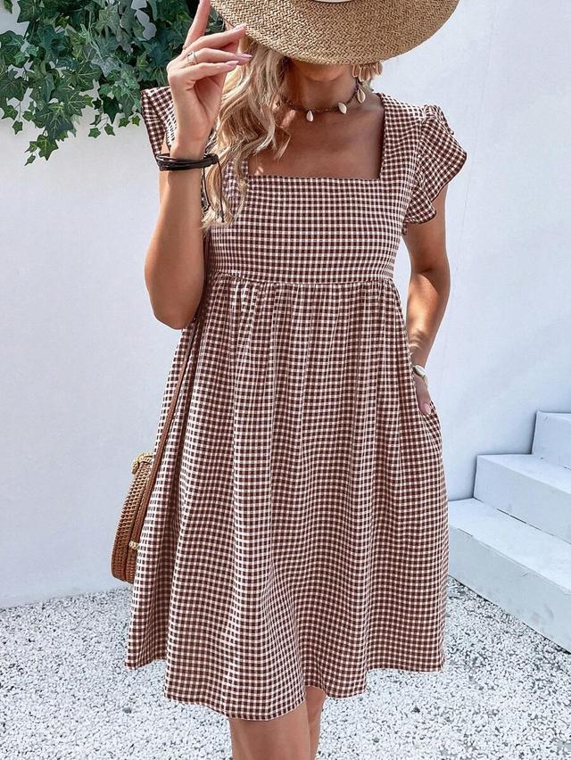 brown gingham square neck flutter sleeve cotton dress