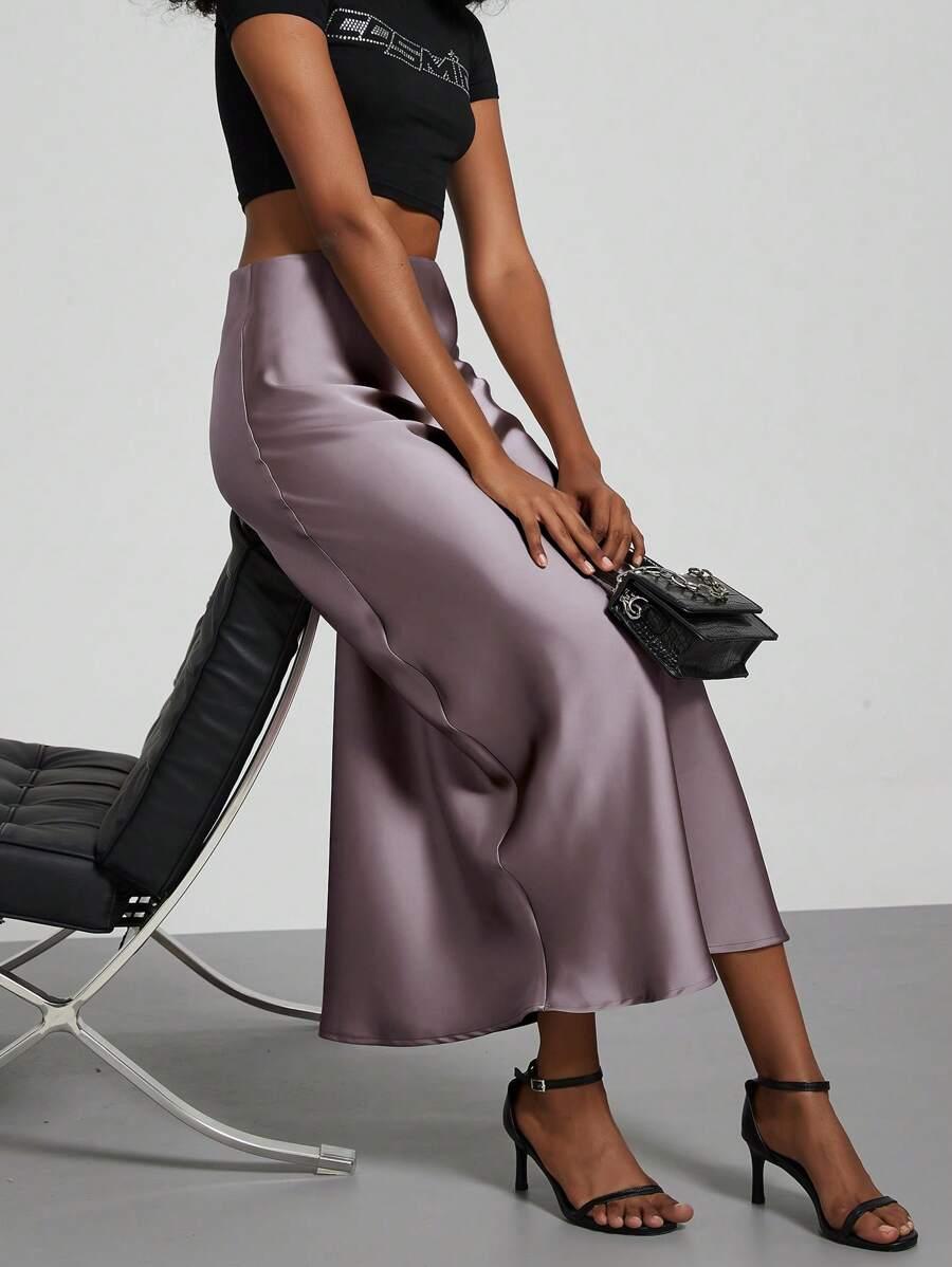 gray purple satin feeling elastic waist maxi skirt