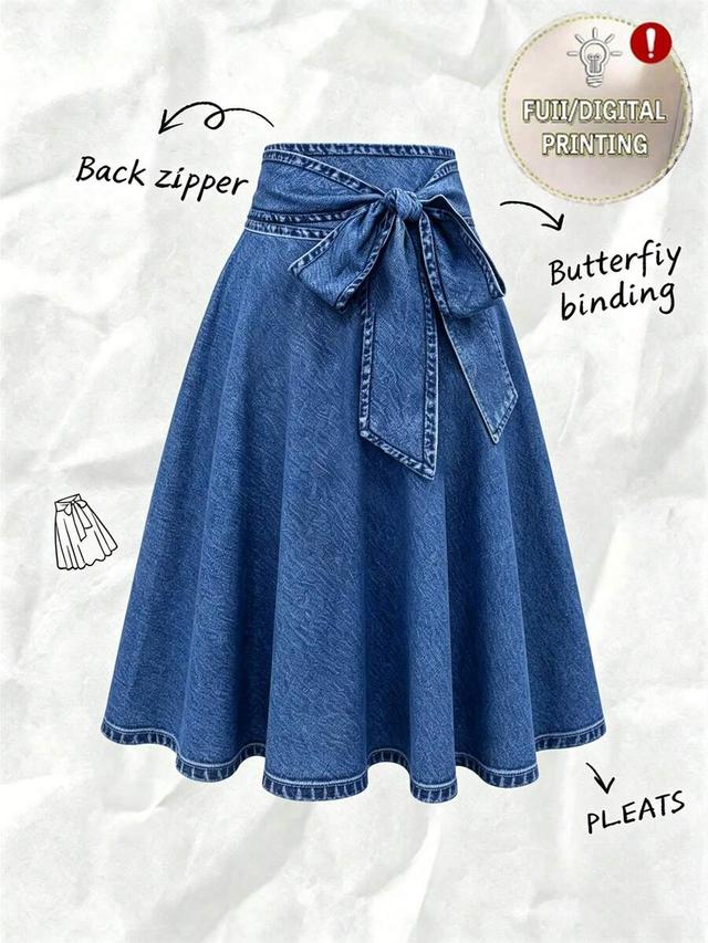 blue denim tie front midi skirt
