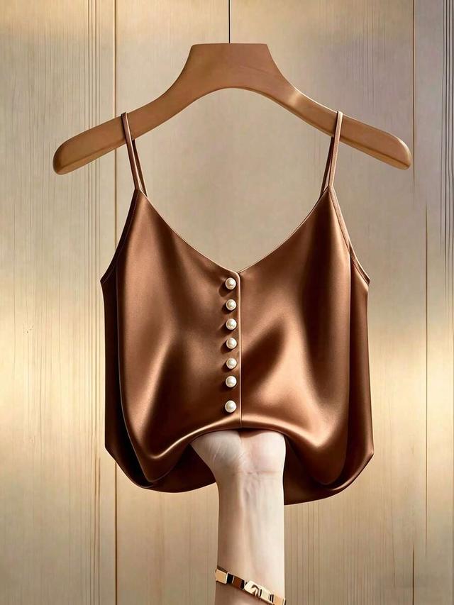 minimalist brown satin camisole with faux pearl buttons