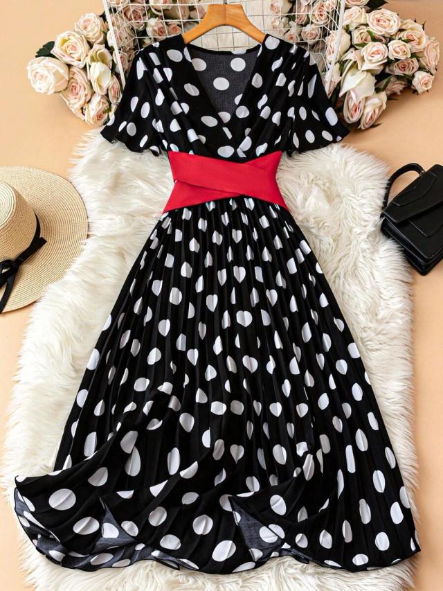 polka dot print v-neck pleated midi dress