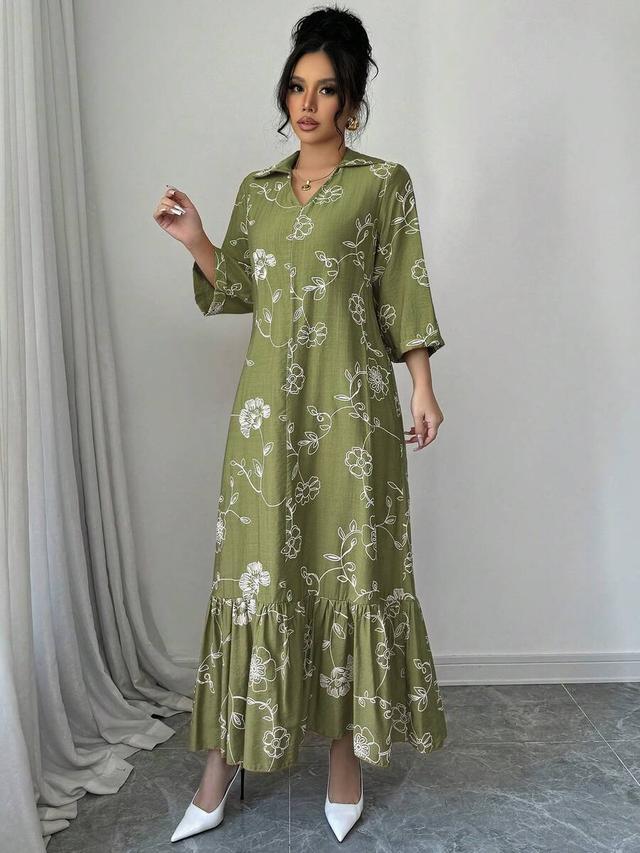 green floral print lapel 3/4 sleeve casual boho dress