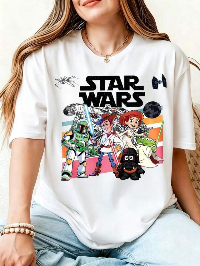 white cotton t-shirt with star wars toy story print