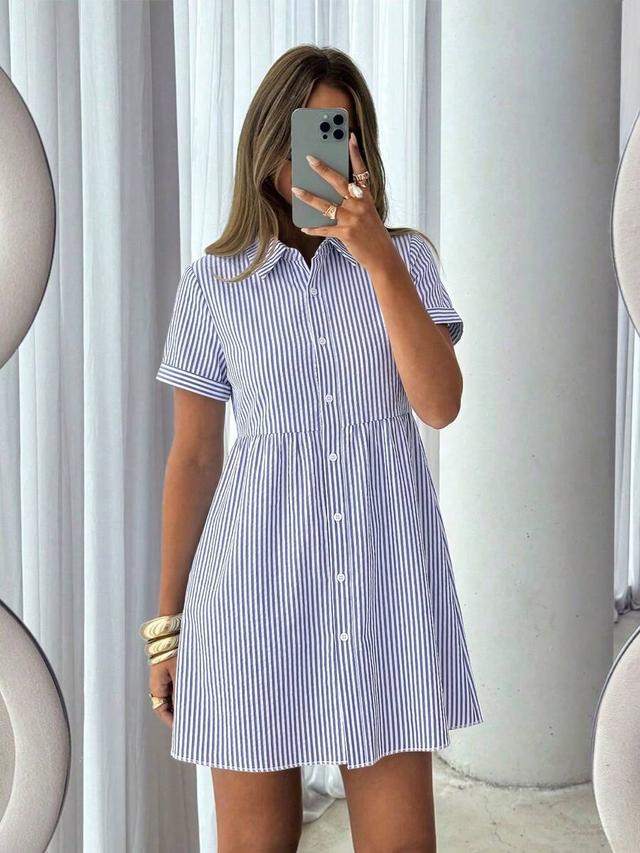 blue and white striped cotton shirt dress