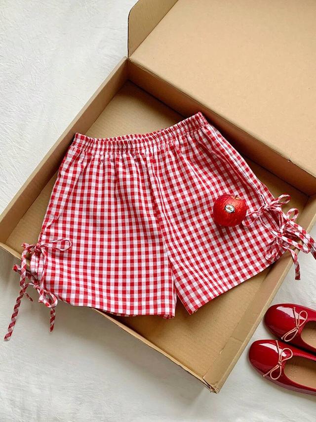 comfortcana red plaid woven women's side lace-up shorts