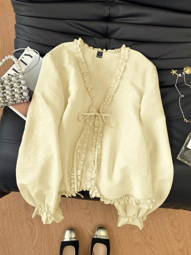 cream muvela women's solid color long sleeve frill trim blouse