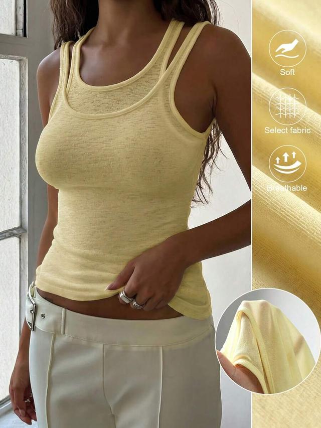 pale yellow sleeveless double layer ribbed knit tank top