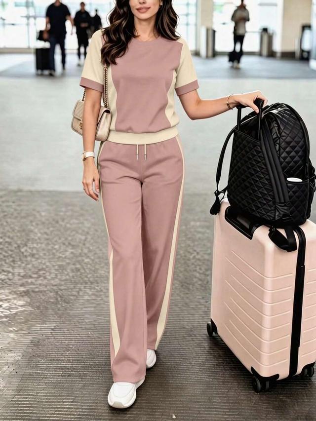 casual color block crew neck top and straight pants set