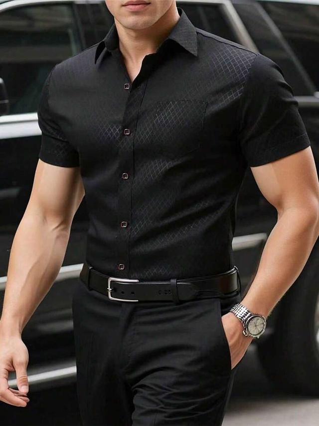 black short sleeve button down shirt with diamond texture