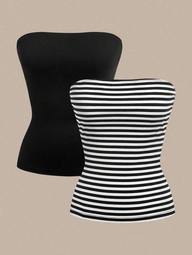 striped two strapless ribbed cami top in black and striped