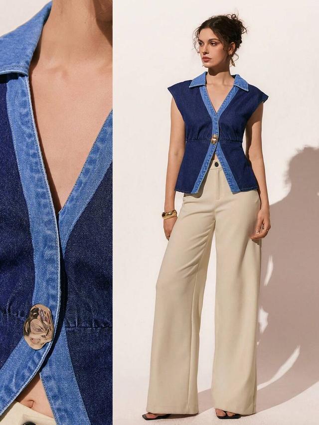 color-blocked dark blue denim sleeveless blouse