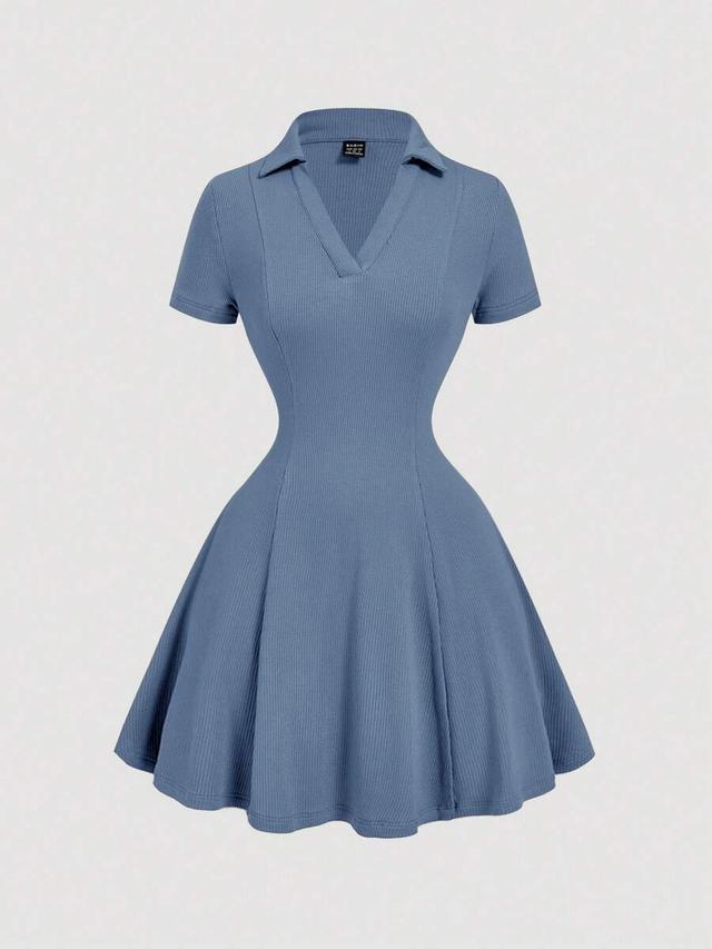 dusty blue ribbed knit mini dress with collar