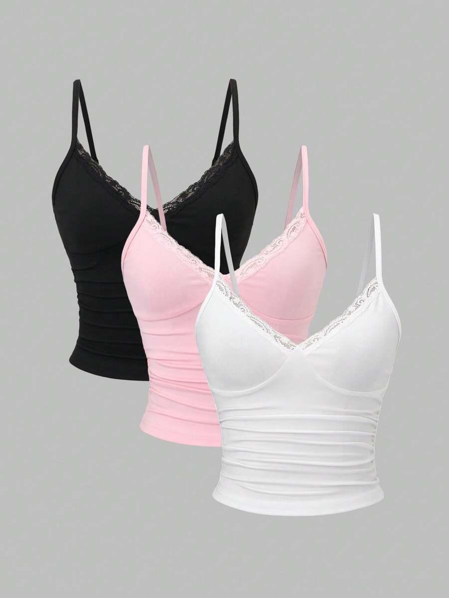 black lace trim ruched camisole set