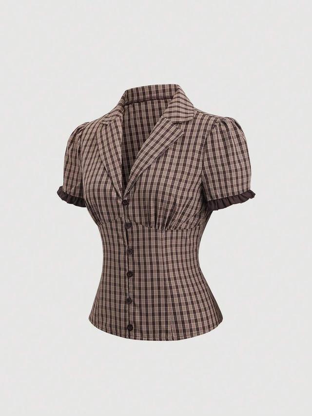 sweetra women's plaid short puff sleeve single-breasted shirt