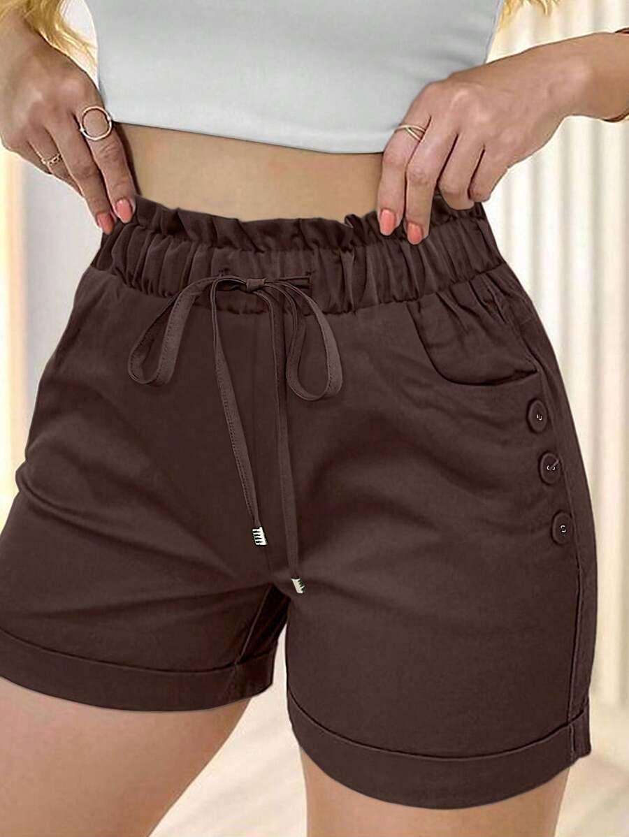 solid brown elastic waist drawstring casual shorts