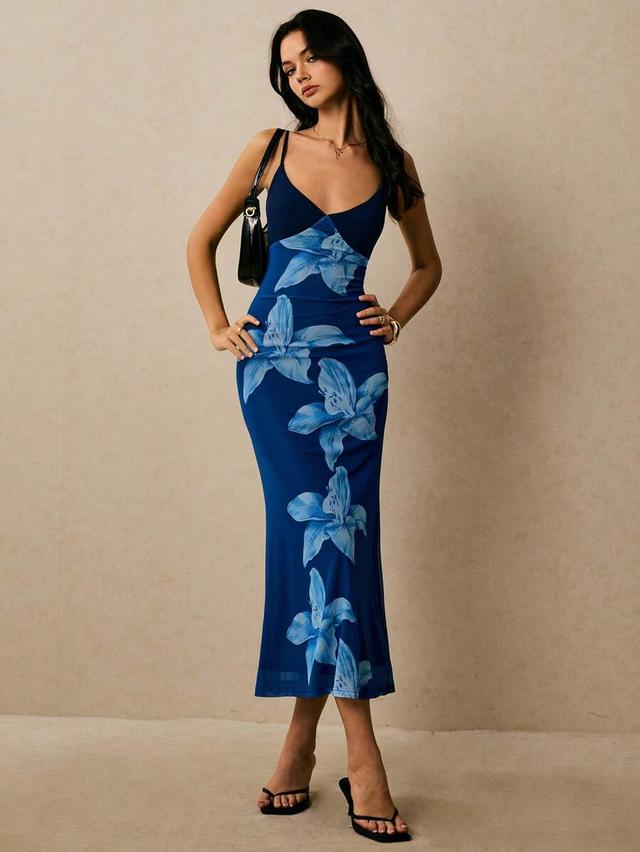 blue floral print midi slip dress