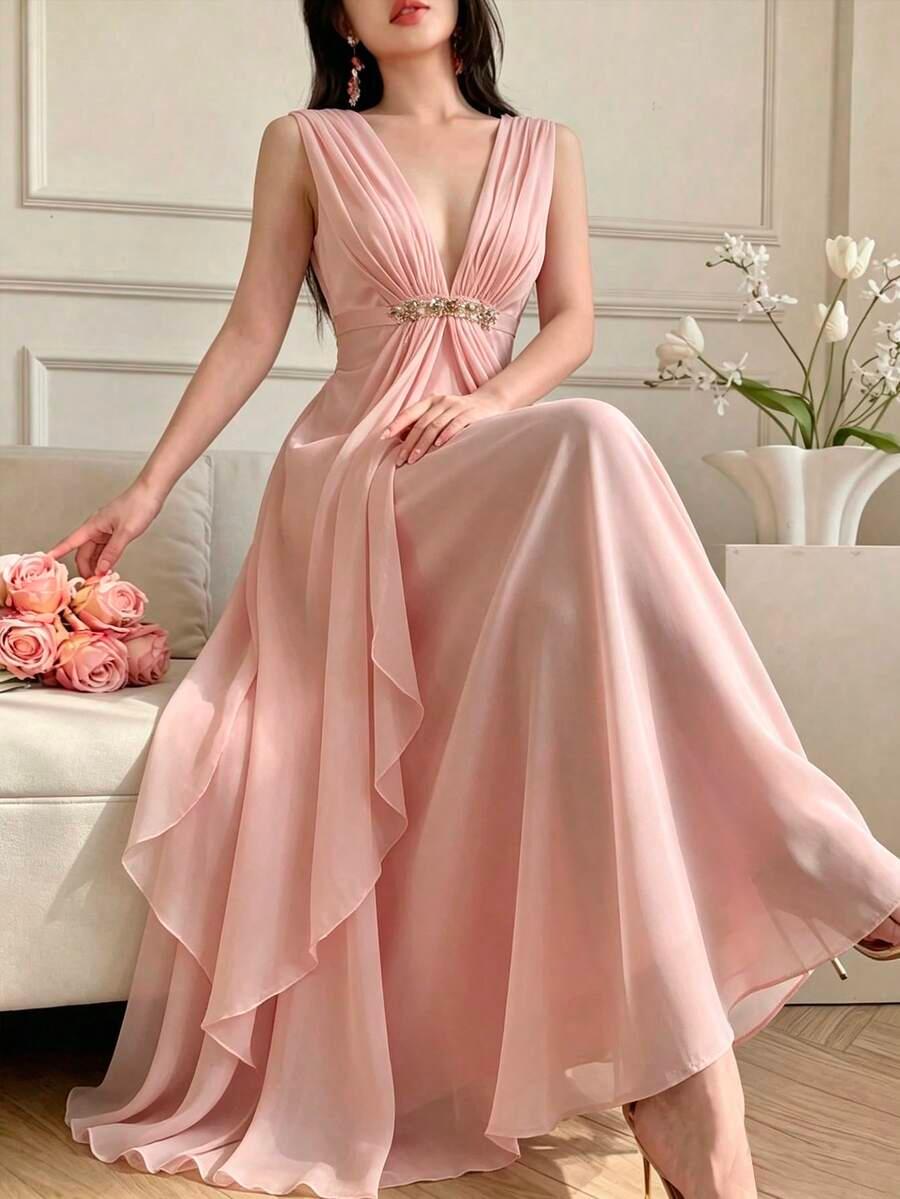 celisse women's elegant long deep v-neck sleeveless pink dress