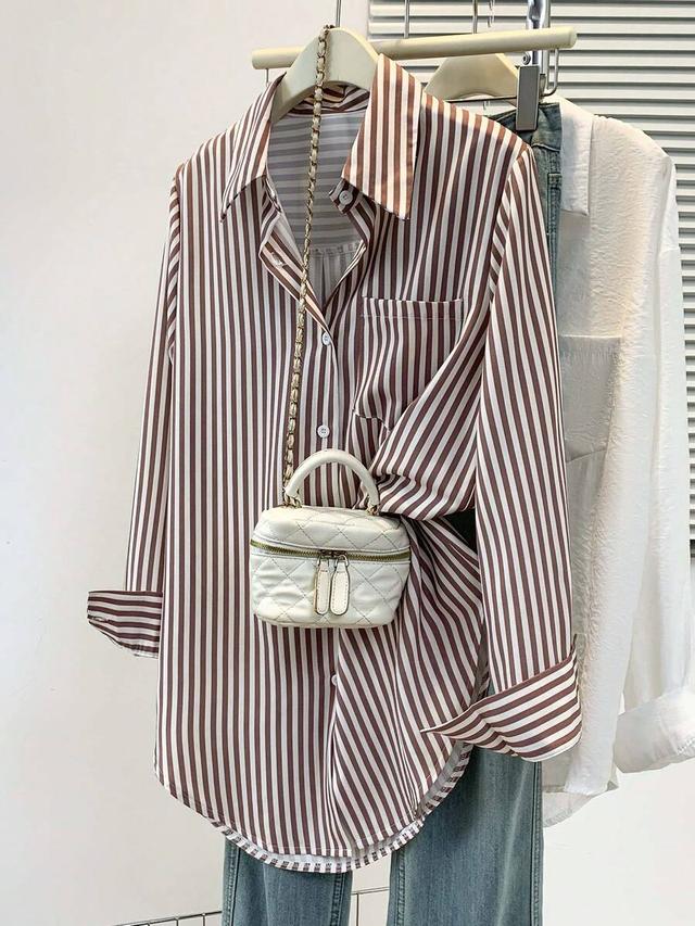 women's casual brown striped long sleeve button up shirt