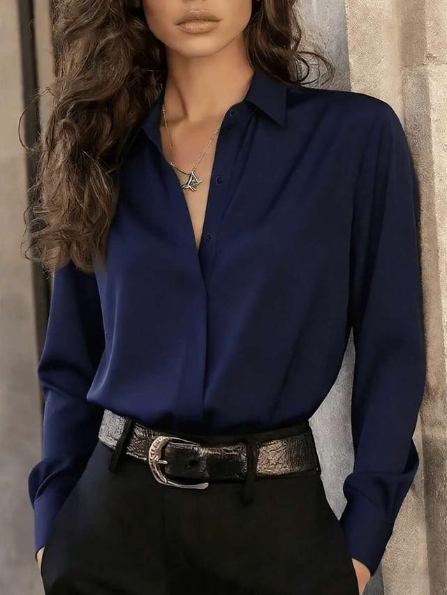 women's purple satin lapel long sleeve button-up shirt