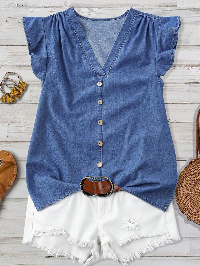 blue chambray v-neck button-down flutter sleeve blouse