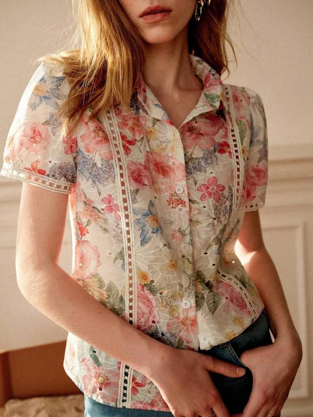 floral embroidered hollow-out lace patchwork short sleeve blouse
