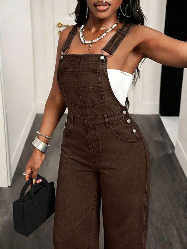 brown denim overalls with side button closure