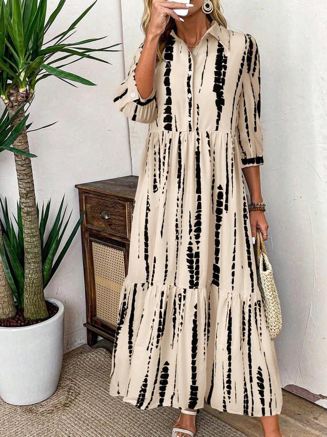 beige black tie-dye print button-down shirt dress