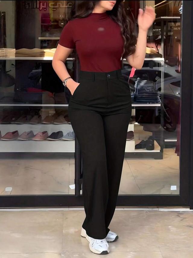 solid-color high-waisted straight-leg suit trousers