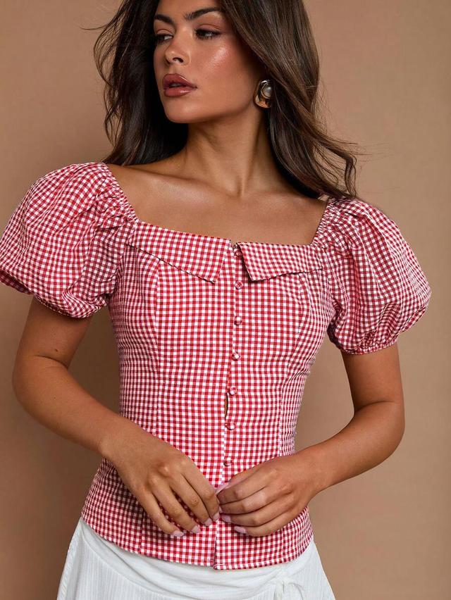 cosmina red and white gingham puff sleeve blouse